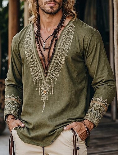  Herren Leinenhemd Sommerhemd Vintage-Shirt Ethno-Hemd Langarmshirt Bestickt Urlaub Straße Armeegrün Langarm V Ausschnitt Sommer Frühling Bekleidung Mittelalterlicher Ritter
