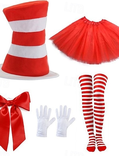  Die Katze im Hut Tutu Zubehörset Hoher Hut Märchenfiguren Film Cosplay for Unisex Erwachsene Halloween Karneval Welttag des Buches Leistung Pädagogisches Ankleiden