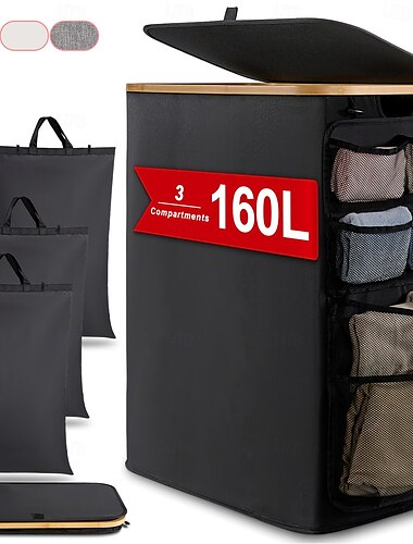  Panier à linge avec poches latérales et 3 sacs intérieurs, grand organiseur de poubelle de recyclage pliable de 140 l, panier à linge en tissu Oxford 600D pour salle de bain, maison, à côté de la