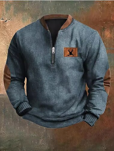  Herren Sweatshirt Viertelreißverschluss Sweatshirt Schwarz Armeegrün Marineblau Grau Halber Reißverschluss Farbblock Rentier Halber Reißverschluss Druck Sport & Outdoor Täglich Ferien Polyester
