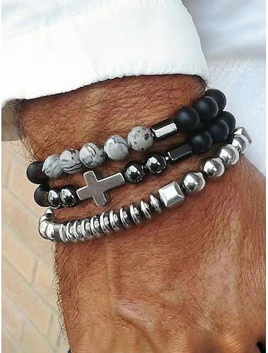  Ensemble de bracelets en perles d'obsidienne pour homme - Perles multicouches en obsidienne mate et en métal avec décoration en pierres précieuses grises, design extensible, style bohème, convient pour un usage quotidien ou une sortie décontractée