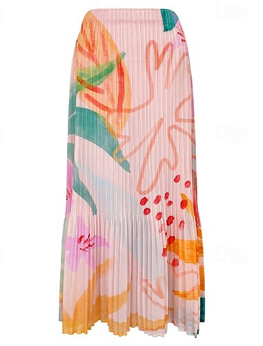  Femmes Trapèze Élégant Bohème ancien Mode Midi Taille Moyenne Jupes Froncé Élastique École Vacances Rose Claire Vert Rose rouge Été Polyester