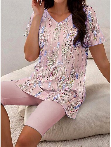  Damen Mode Täglich T Shirt Shorts-Sets Kurzarm V Ausschnitt Blumen Grafik Tupfen Druck Täglich Alltagstauglich Hellgrün Rosa Khaki Sommer Normale Passform