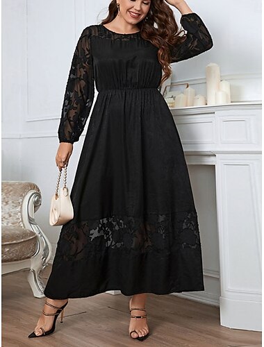  Damen Übergröße schwarzes kleid Einfarbig V Ausschnitt Langarm Frühling Herbst Elegant Midikleid Outdoor Urlaub Kleid