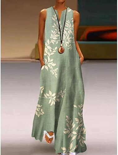  Damen Maxikleid Sommerkleid A Linie Kleid Urlaub Lässig Boho Ferien Lässiger Schnitt Ombre Blumen Grafik Ärmellos V Ausschnitt Einkerbiger Ausschnitt wasserblau Salbeigrün Lila Sommer Frühling
