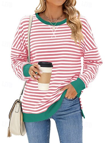  女性用 Pullover ストライプ ストリートファッション カジュアル 快適 長袖 クルーネック レギュラートップス ストリート 祝日 お出かけ プリント ブラック ピンク ルビーレッド ブルー 秋