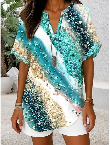 Damen Bluse Grafik Geometrisch Elegant Täglich Stilvoll Kurzarm V Ausschnitt Normale Oberteile Täglich Ferien Blau Purpur Grün Sommer Frühling
