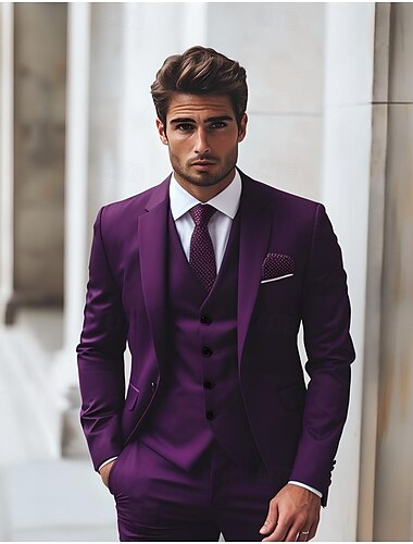  Costumes de mariage d'affaires pour hommes Costumes de retour à la maison Raisin Bleu marine Mode Formelle Couleur unie Ajustement standard 3 pièces Simple boutonnage un bouton