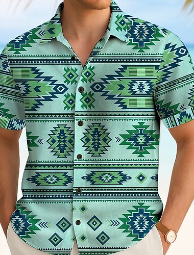  Herren aztekisch Ethnisch Indische Kultur Hemd Sommerhemd Knopfhemd Kurzarm Vintage-Retro Outdoor Urlaub Alltagskleidung Sommer Frühling Umlegekragen 3D-Druck Hemden mit Kragen Blau Grün Khaki