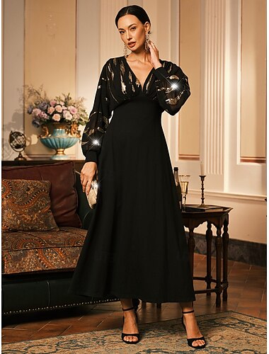  robe longue femme transparente plume imprimé manches col en V noir fête festive élégante maxi hiver automne vêtements vêtements