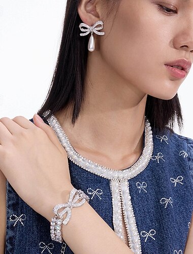  Conjuntos de joias de noiva 2 Cristal Pérola Zircão Brincos Braceletes Mulheres Elegante Moda Luxo Fofo Lustres Caído Com Laço Gotas Conjunto de jóias Para Casamento Festa Trabalho