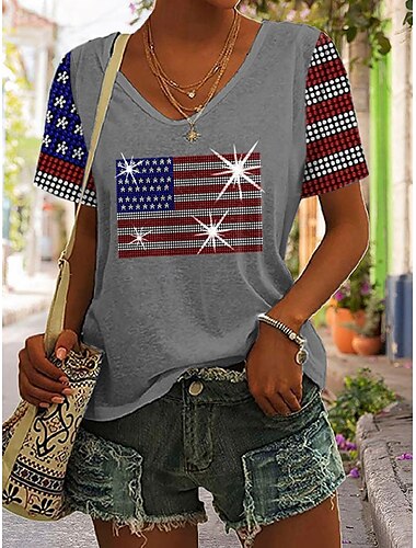  Unabhängigkeitstag Damen Patriotisches Vierteljuli T-Shirt Grafik Flagge Vintage Stylisch Lässig Kurzarm V-Ausschnitt Reguläre Oberteile Täglicher Druck Schwarz Weiß Grau Sommer Frühling