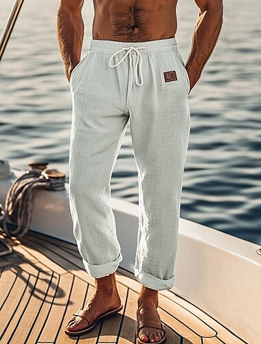  Herren Leinenhosen Hose Sommerhose Baggy-Hosen Kordelzug Elastischer Bund Gerader Schnitt Einfach Komfort Atmungsaktiv Volle Länge Lässig Täglich Ferien Urlaub Mode Hellkaki