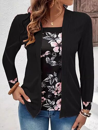  Mulheres Blusa Floral à moda Casual Manga Longa Decote Quadrado Tops regulares Diário Patchwork Imprimir Preto Rosa Verão Primavera