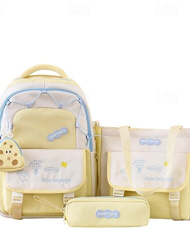  Mochila estilo coreano para meninas pré-adolescentes, conjunto fofo e estético com bolsa de mão e estojo, mochila leve e espaçosa para o ensino fundamental e viagens.