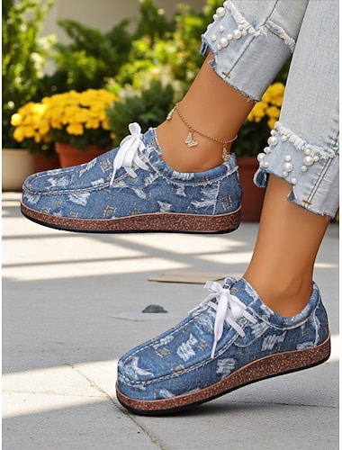 Damenschuhe mit bedrucktem Schnürschuh – leichte Bootsschuhe für Gartenpicknicks, Parkspaziergänge und Bauernhofbesuche im Freien