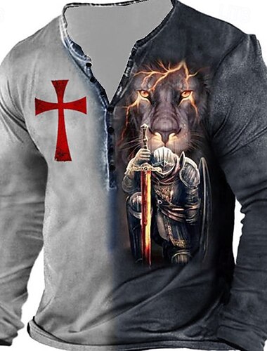  Pánské Grafika Templářský kříž Haç Tričko Tričko Henley Trička Dlouhý rukáv 3D tisk Designové Základní Klasické Venkovní Denní Sport Jaro léto Žlutá Vodní modrá Fialová Šedá Henley Tričko Henley
