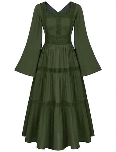  Rétro Vintage Médiéval Renaissance Midi Robe Manche cloche Viking Elfe Ligne A Déguisement Femmes Fantaisie Halloween Carnaval Vacances Décontracté Quotidien LARP Adultes Robe Printemps & Été