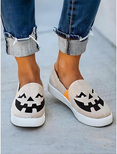  sapatos femininos de abóbora de Halloween – tênis de lona confortáveis com estampa de jack-o'-lantern, perfeitos para uso casual e festas de Halloween