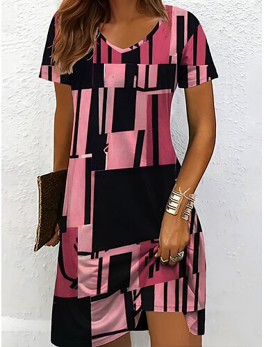  Dam Mini klänning Stickad klänning Vardagsklänning T shirtklänning Solklänning Semester Ledigt Normal Grafisk Geometrisk Kortärmad V-hals Svartvit Gul Rodnande Rosa Blå Sommar Vår