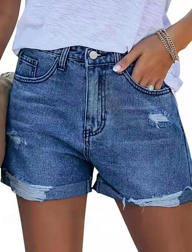  Dame Shorts Slacks Gade Afslappet Korte Naturlig Vanlig Lomme Ribbet comfy Ferierejse I-byen-tøj Mørkeblå Lyseblå Sommer Regulær