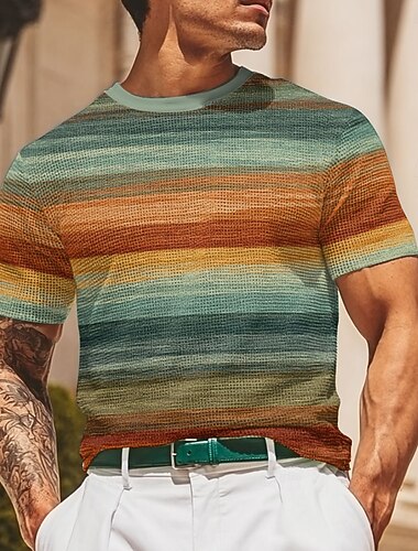  Voor heren Geometrisch Horizontale stroken Wafel Shirt Korte mouw T-shirt 3D-afdrukken Strakke ronde hals Overhemd Modieus Casual Comfortabel Casual Dagelijks Straat blauw Geel Bruin Zomer Lente