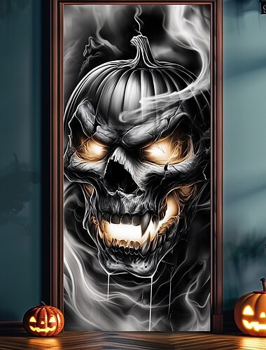  Halloween Deur Covers Vlam Skull Pile Deur Tapisserie Deurgordijn Decoratie Achtergrond Deurbanner voor Voorportaal Boerderij Vakantie Feest Binnen Buiten Decoratie Benodigdheden