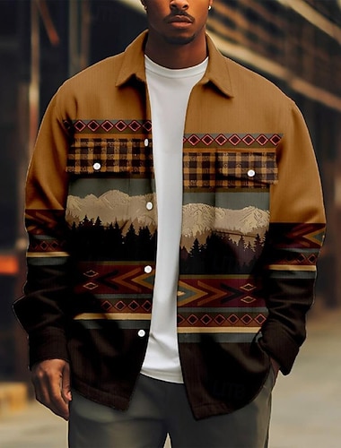  Voor heren Aztec Etnisch Corduroyshirt shacket Overhemdjasje Lange mouw Vintage Retro Buiten Dagelijks gebruik Herfst Winter Strijkijzer Button-omlaag Warm Jas met klepzakken Bruin Khaki