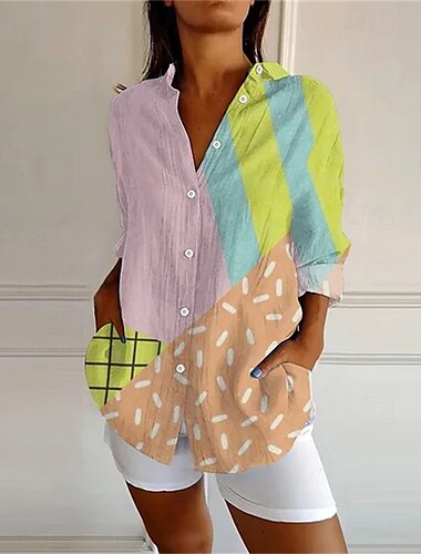  Mujer Camisa Estampado Vintage Elegante Manga Larga Escote en Pico Tops regulares Diario Festivos Noche Botones Estampado Amarillo Naranja Verde Trébol Caqui Verano
