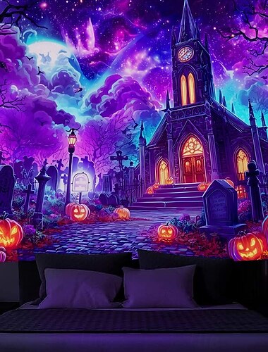  Halloween Fekete fény Gobelin Fekete Macska UV Reaktív Ragyogó a Sötét Erdő Változatos Hegy Ködszerű Temető Szellem Lógó Gobelin Fali Művészet Falfestmény a Nappali Hálószoba számára
