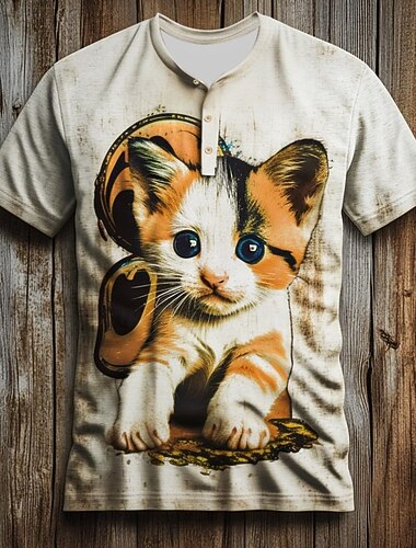  Herren Katze Niedlich T Shirt Henley Hemd Kurzarm Designer Retro Vintage Lässig Straße Lässig Täglich Sommer Frühling Ganzjahres Weiß Henley Henley T-Shirt