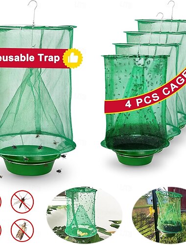 4パックの牧場用フライトラップ屋外用、フライトラップフライキャッチャー吊り下げケージ、屋内または屋外の農場、公園、厩舎、庭、レストラン用