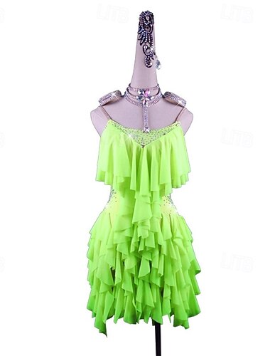  Latijns-Amerikaanse dansjurk met strass-steentjes, damesuitvoering, mouwloos, ballroom, salsa, rumba, danskostuum