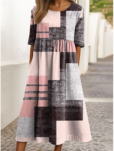  Per donna Abito Midi Abito a trapezio Abito Estivo Vacanza Casual Ferie Vestibilità regolare Grafico Geometrico Mezza Manica Girocollo Rosa Rosso Blu Verde Estate Primavera