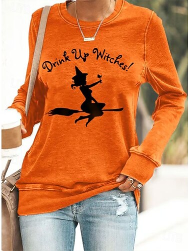  Halloween Γυναικείο Pullover Φόρμα Γραφικό Μάγισσα Halloween Casual Μακρυμάνικο Crew Neck Κανονικά Τοπ Σε Χαλάρωση Διακοπών Εκτύπωσης Μαύρο Άσπρο Μπλε Μωβ Πορτοκαλί Άνοιξη Φθινόπωρο Χειμώνα