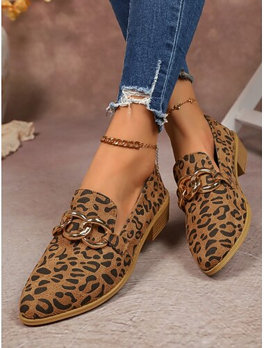  Dámské mokasíny z imitace semiše s leopardím vzorem – elegantní nazouvací boty se zlatým řetízkem a úzkým podpatkem, stylová ležérní obuv