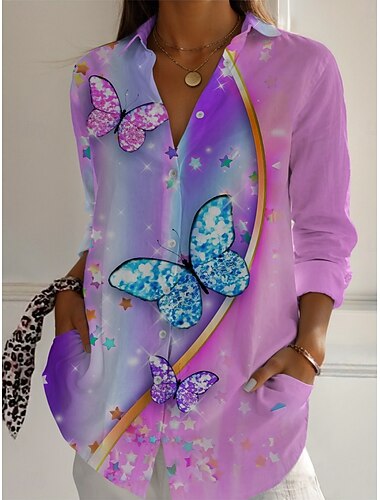  Per donna Camicia Floreale Farfalla Attivo Quotidiano Elegante Manica Lunga Colletto a Camicia Top Regolari Quotidiano Ferie Bottoni Stampato Nero Bianco Rosa Viola Verde Primavera Autunno