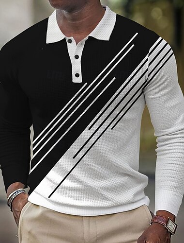  Men's Geometic Line Waffle Polo Shirts Long Sleeve Polo Shirts Collared Shirts Business Casual Business Wear to work Daily Wear Buttons Spring Fall Winter Black Blue Gray