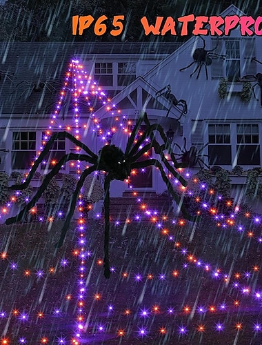  1 lampe Web lumineuse triangulaire Halloween 5 m x 4,8 m, violet orange, boîtier de piles AAA étanche, télécommande, 250 perles LED, lumières de décoration de cour intérieure et extérieure (à