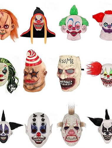  Masque de clown effrayant d'Halloween pour adultes, costumes effrayants réalistes, masque facial en latex, masque de tête souriant sinistre pour cosplay, performances, soirées dans les bars et