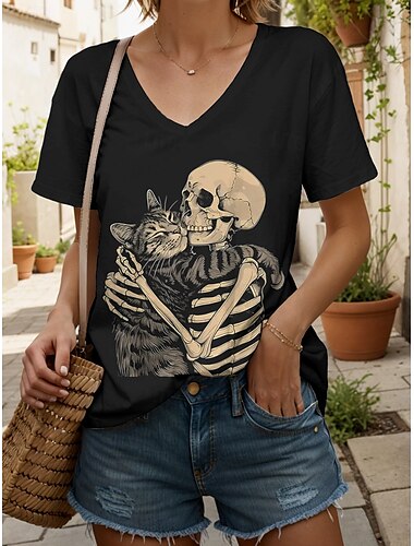 Halloween Per donna Maglietta Grafico Teschio Gatto Vintage Elegante Classico Manica Corta Scollo a V Top Regolari Quotidiano Stampato Bianco e nero Nero Bianco Giallo Rosa Estate Primavera