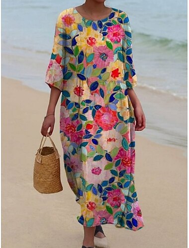  Per donna Abito Midi Vestito Casual Abito Stampato Moda Moderno Quotidiano Spiaggia Weekend Vestibilità regolare Floreale Manica 3/4 Girocollo Blu Verde Primavera Autunno