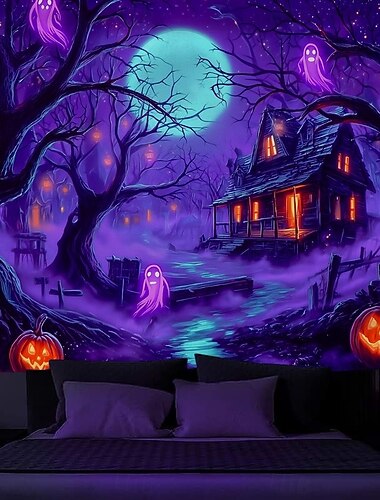  Halloween-Schwarzlicht Wandteppich – UV-reaktiver Geisterpfad Neontöne unheimliche Waldszene im Dunkeln leuchtender gotischer Hintergrund für Halloween 2025 Partydekoration