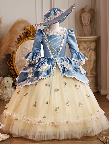  Rokoko Prinzessin Maxi Abschlussballkleid Glockenärmel Prinzessin Belle Schleife Retro Ballkleid Spitzkragen Kostüm Mädchen königlich Weihnachten Halloween Karneval Maskerade Hochzeitsfeier Festival