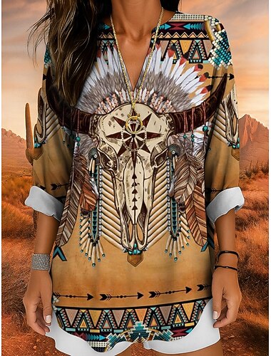  Blusa da donna in lino simile traspirante leggera tunica scollatura a V maniche lunghe boho casual top grafica geometrica teschio bohemien vintage tropicale top regolari stampa quotidiana gialla
