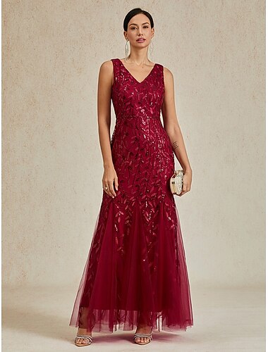  Damen Maxikleid Trompeten- Meerjungfrauenkleid Elegant Abendgesellschaft Normale Passform Einfarbig Ärmellos V Ausschnitt Burgunderrot Sommer Frühling