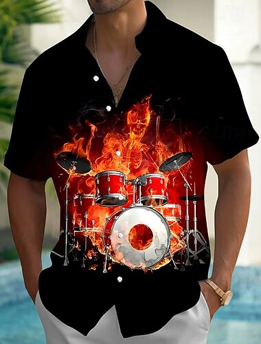  Herre Styreledere Flamme Musikkinstrument Skjorte Sommerskjorte Skjorte med knapper Kortermet Fashion Casual utendørs Feriereise Hverdag Sommer Vår Aftæpning 3D-utskrift krage skjorter Front One Lomme
