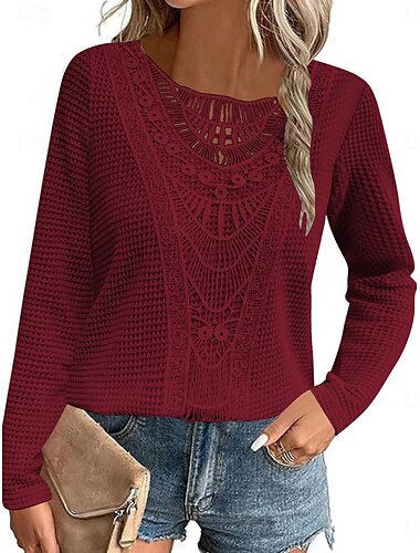  Femmes Haut d'épissage en dentelle Couleur Unie Élégant Occasionnel manche longue Col ras du cou Hauts Réguliers Quotidien Dentelle Patchwork Rose Claire Vin Bleu Fuchsia Orange Été Printemps Automne