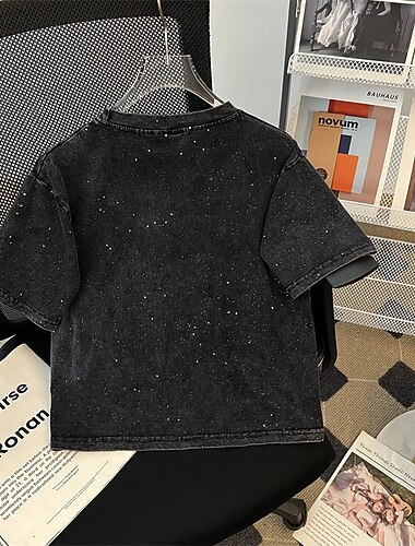  Damen Textur Bluse T Shirt Buchstabe Mode Modern Kurzarm Rundhalsausschnitt Normale Oberteile Täglich Pailletten Schwarz Sommer