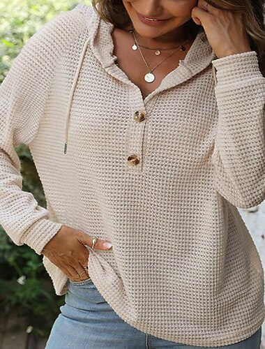  Per donna Felpa Casual Tinta unica A Coste Con Cappuccio Bottoni Lavorato a maglia Manica Lunga Top Regolari Maglia Quotidiano Uscire Weekend Nero Bianco Autunno